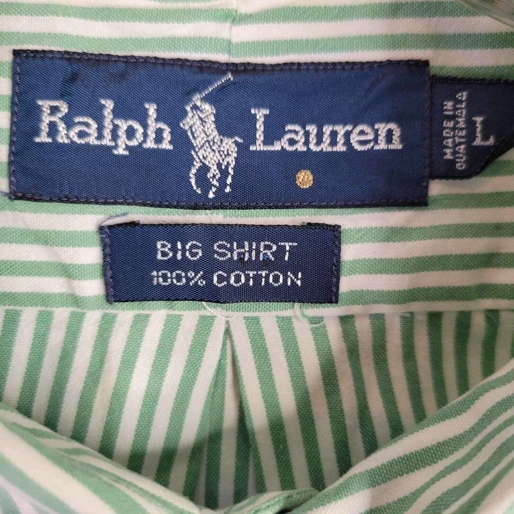 Polo Ralph Lauren Big Shirt Oxford Men's L Green Striped SS Button Down Cotton
